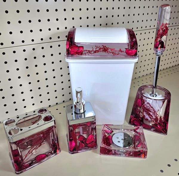 3D Floating Acrylic 5PC Motion Bathroom Vanity Accessory Set Red Rose Pedals - FREE SHIPPING!