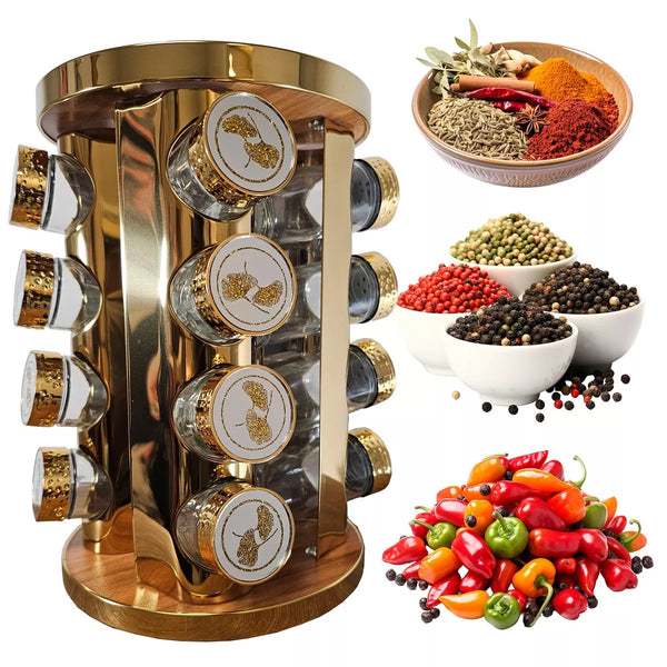 16 Jar Spice Rack Carousel Gold Mirrored - FREE SHIPPING